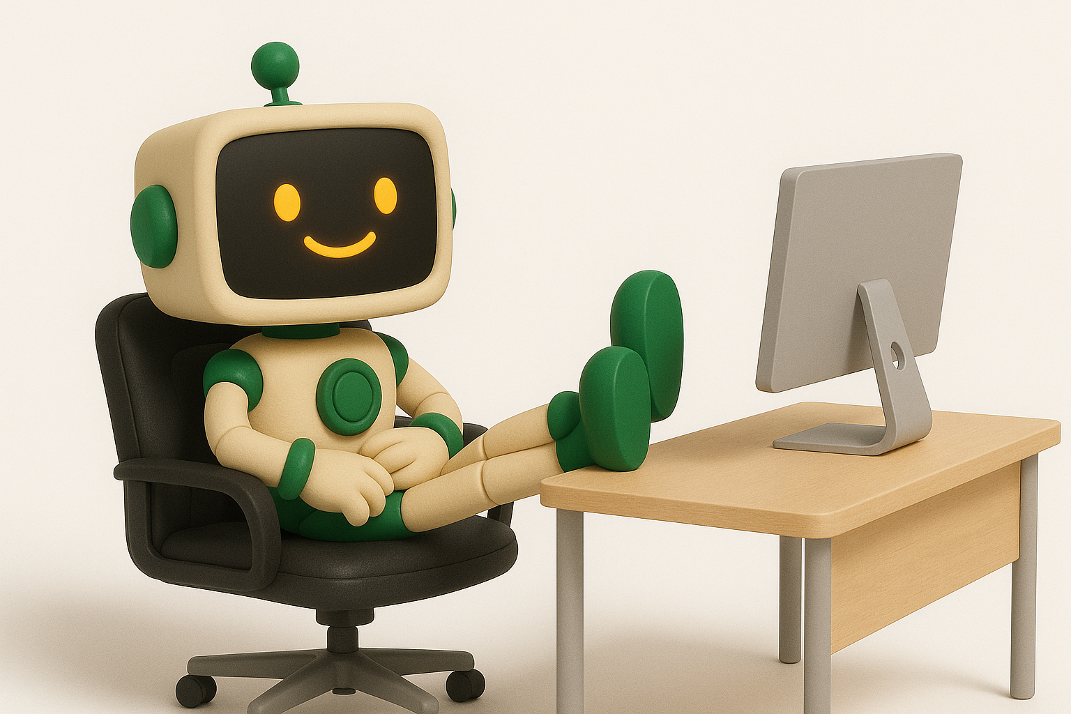 Relaxed robot assistant with feet up on desk